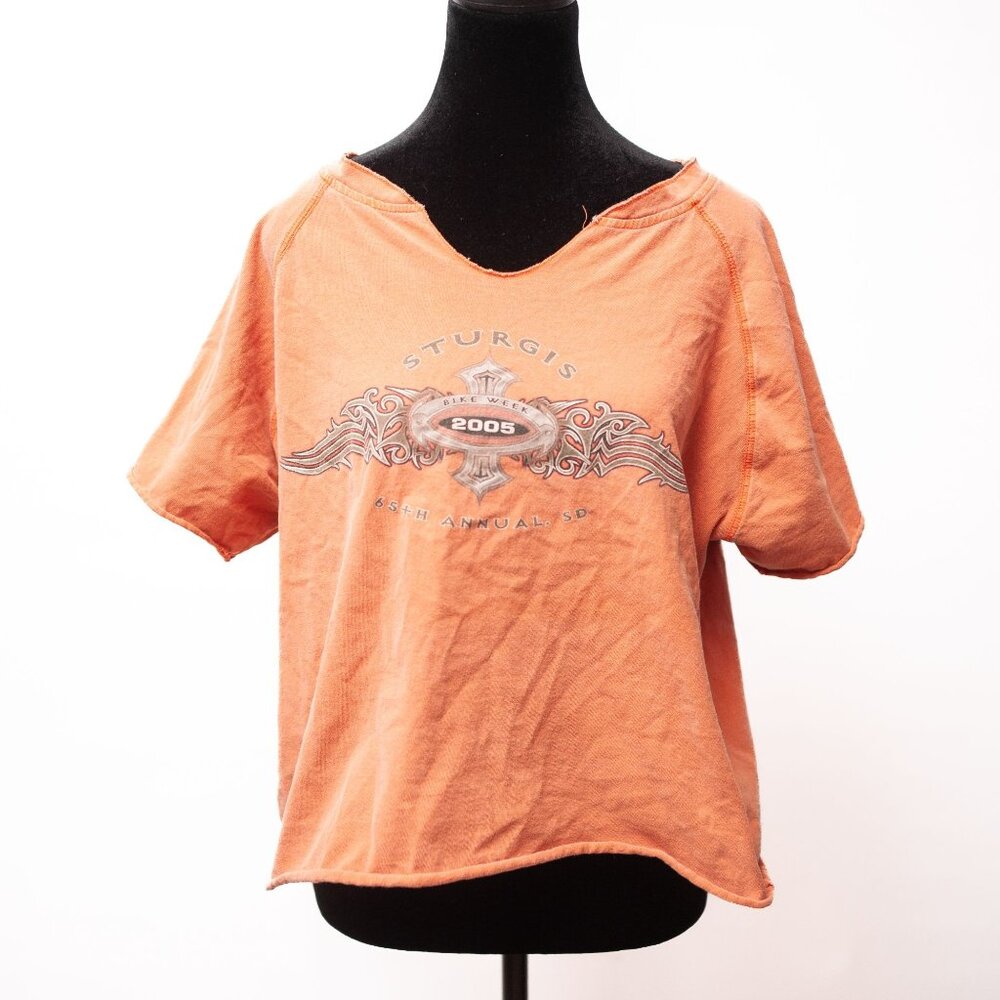 VTG Y2K 2005 Sturgis Tee Shirt Orange Distressed Women L Harley Davidson Moto